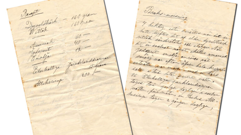 Handskrivet recept från sent 1800-tal, innehållande en huskur med bland annat dyveldträck, vitlök, ammoniak och jodsprit, nedtecknat i Torstuna.