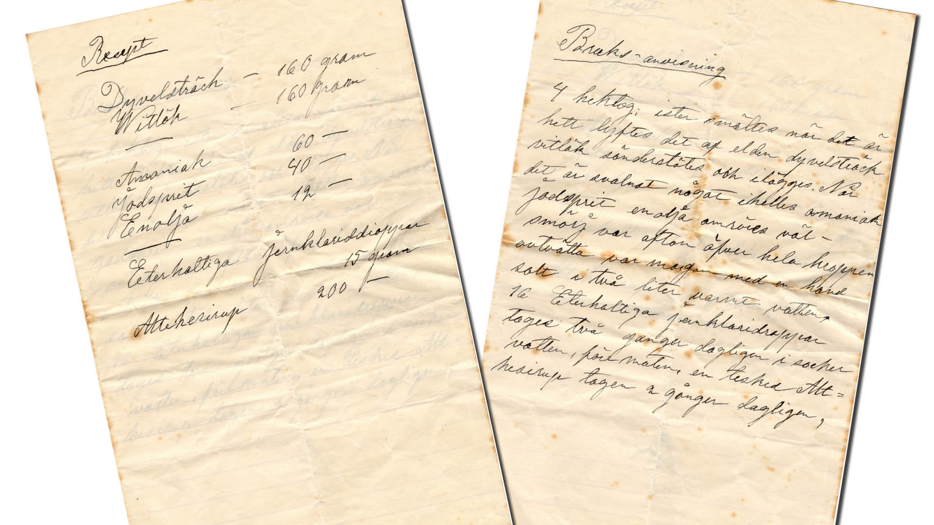 Handskrivet recept från sent 1800-tal, innehållande en huskur med bland annat dyveldträck, vitlök, ammoniak och jodsprit, nedtecknat i Torstuna.