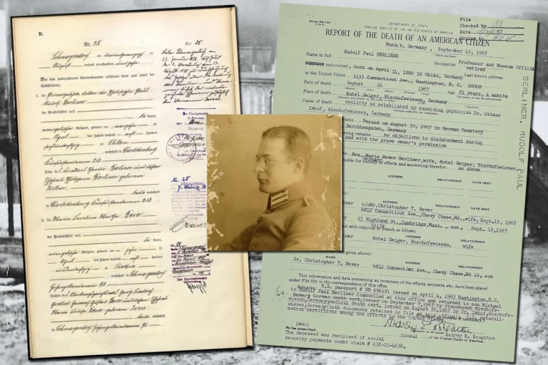 Porträtt på Rudolf Berliner med hans vigseldokument och dödsattest.