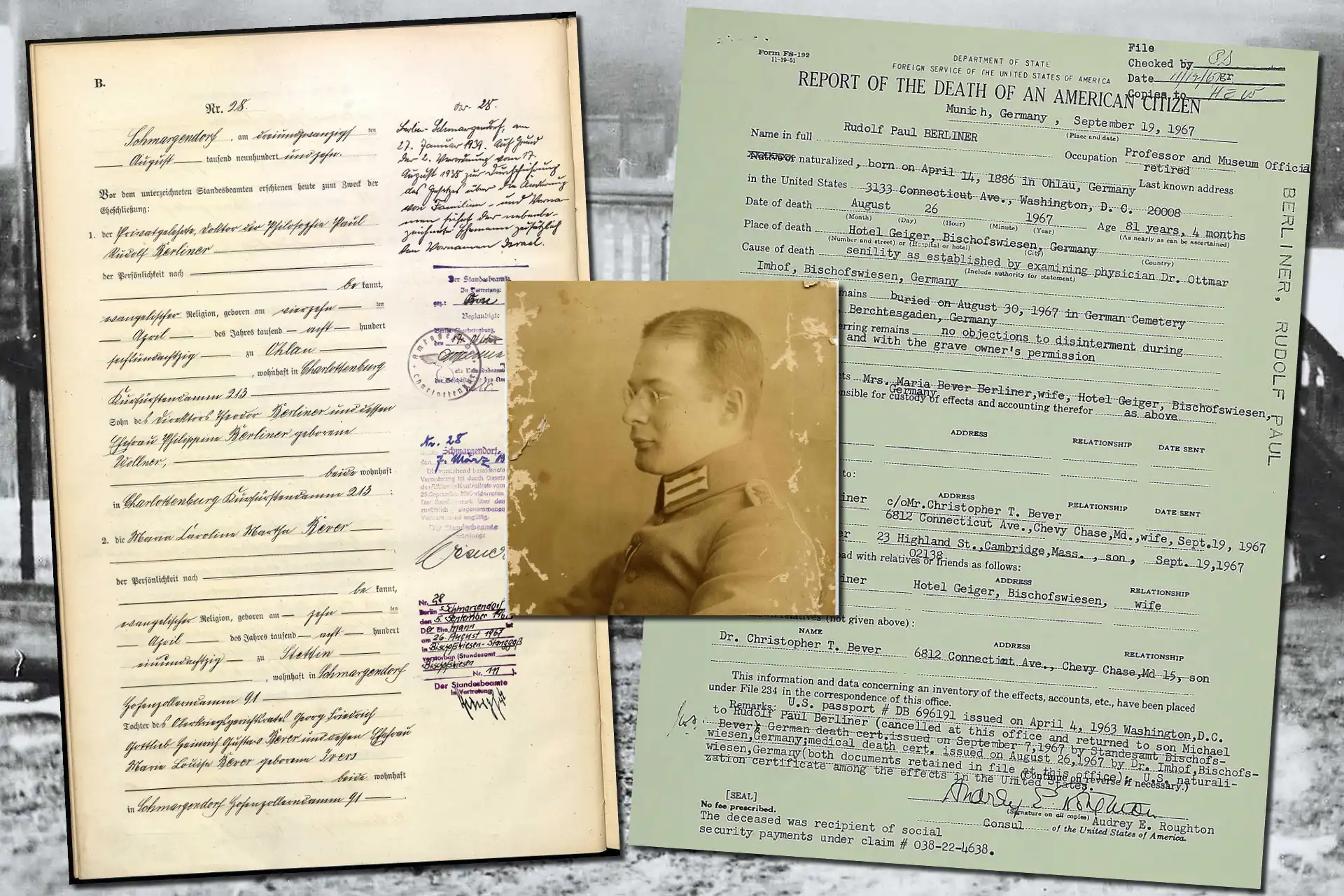 Porträtt på Rudolf Berliner med hans vigseldokument och dödsattest.