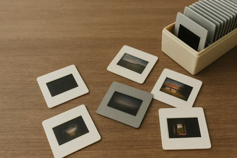 Gamla diabilder i klassiska dia-ramar liggande på ett träbord, redo att skannas och bevaras digitalt.