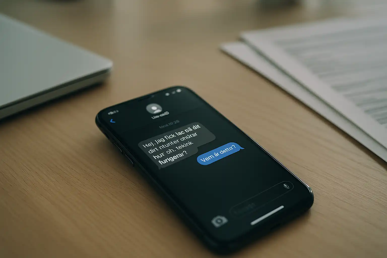 Smartphone på ett skrivbord med en okänd avsändare i sms-fönstret, symboliserar falska kundförfrågningar i digitaliseringsbranschen.