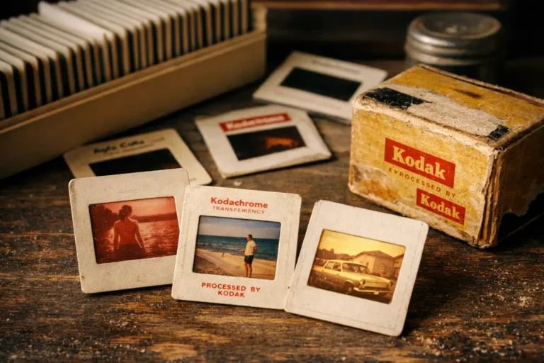 Vintage Kodachrome-diabilder på ett träbord, några blekta av tiden, tillsammans med ett gammalt Kodak-etui – en bild som visar varför diabilder förändras med åren.