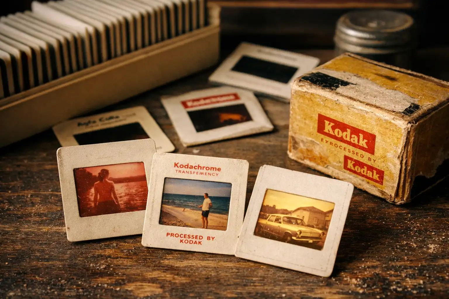 Vintage Kodachrome-diabilder på ett träbord, några blekta av tiden, tillsammans med ett gammalt Kodak-etui – en bild som visar varför diabilder förändras med åren.